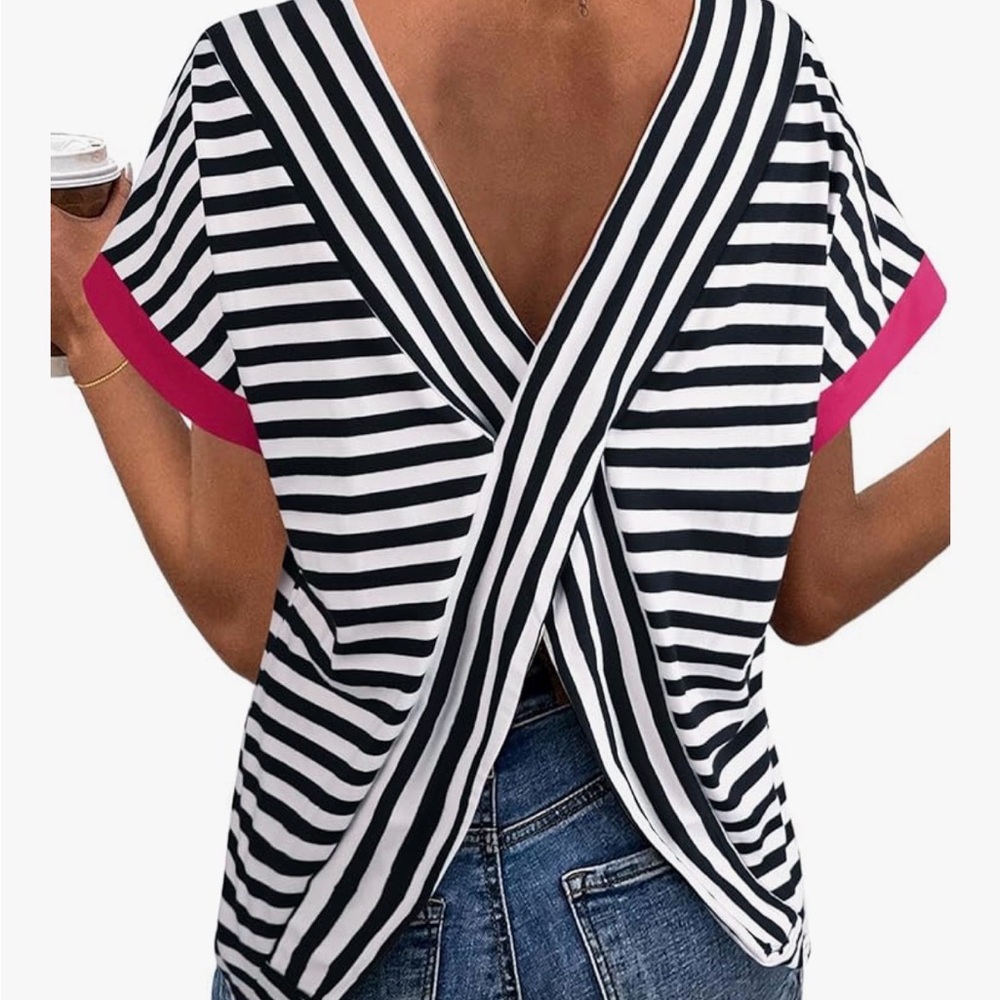 Women's Black & White Striped Short Sleeve Tee with Pink Trim - Picture 5 of 15
